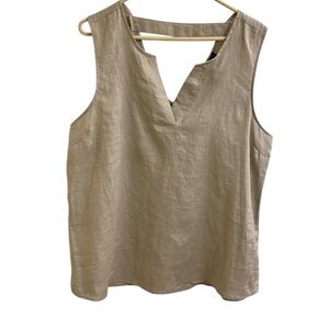 100% LINEN TAUPE BEIGE SLEEVELESS TOP SPLIT NECK CLASSIC QUIET LUXURY XL LUXE